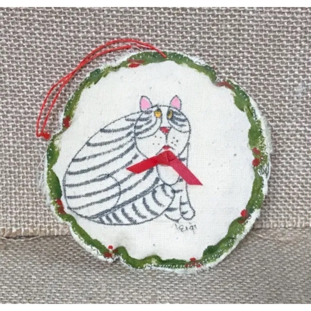 Fabric Cat Ornament Handmade Round Christmas Kitsch Whimsical Fun Cottage Core